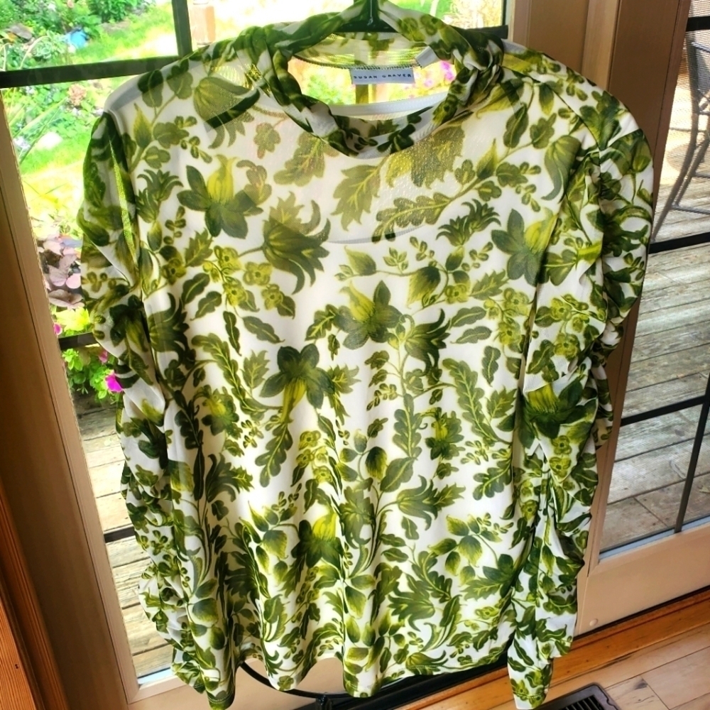Susan Graver Printed Mesh Rushed Mock‎ Neck Long Sleeve Lined Sz. L Blouse